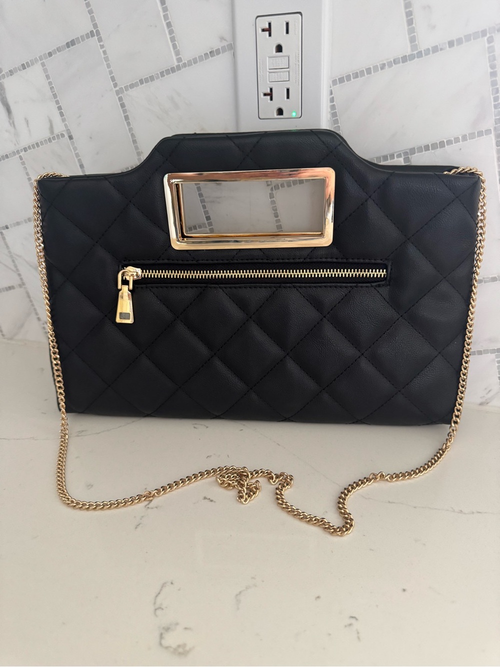 INC Black Quilted Chain Shoulder Bag with Gold Trim